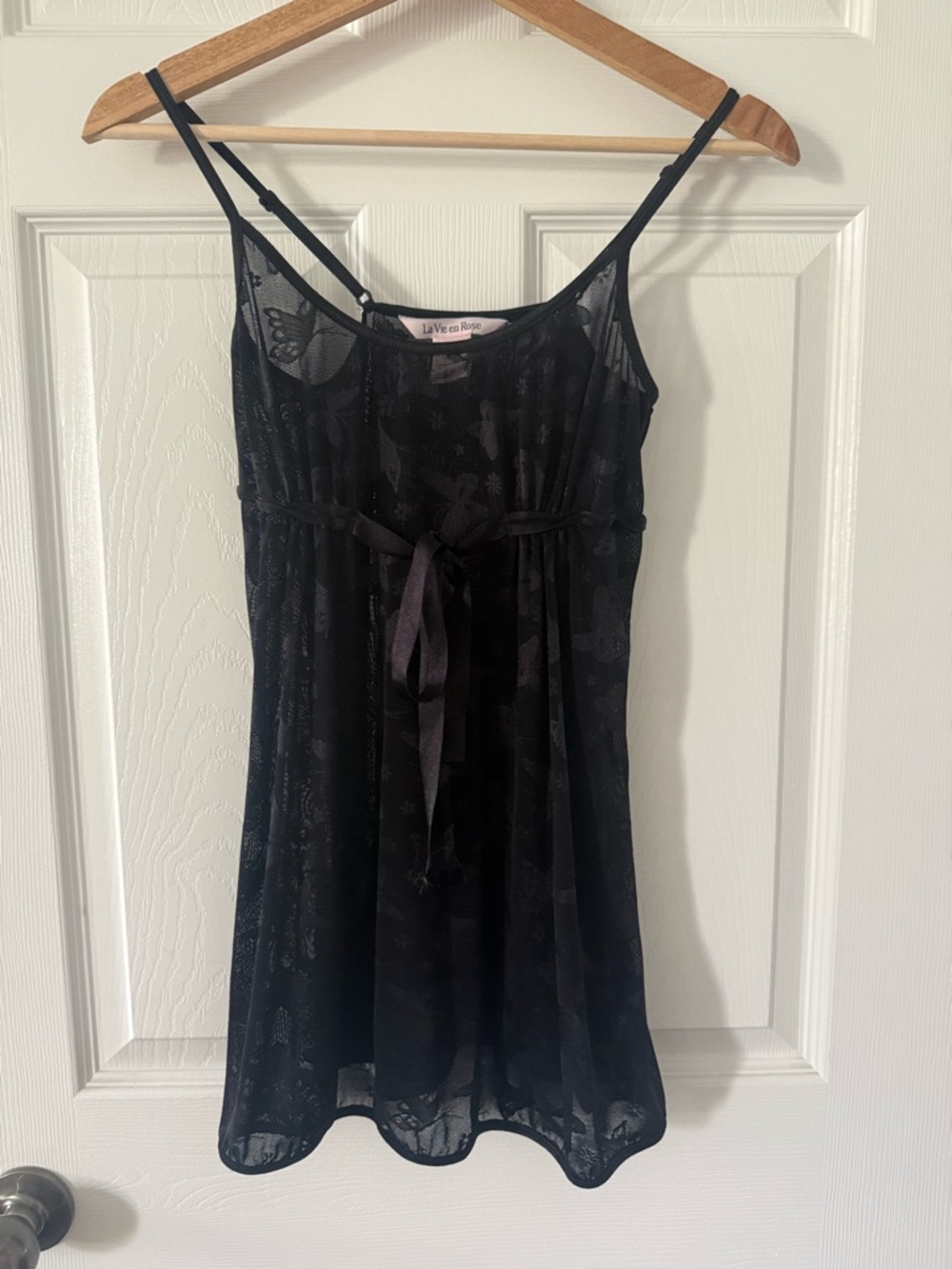 La Vie En Rose Black Sheer Lace Chemise with Ribbon Tie